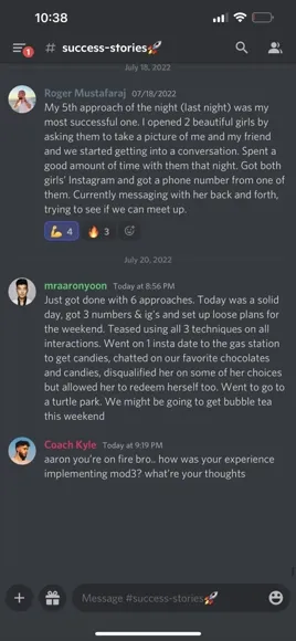 Screenshot of a message from a coaching member sharing his progress