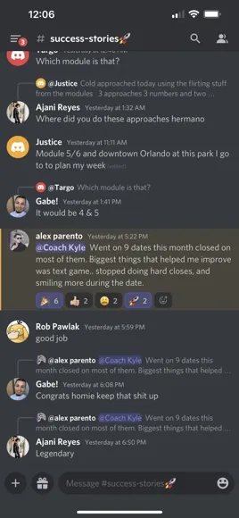 Screenshot of a message from a coaching member sharing his progress